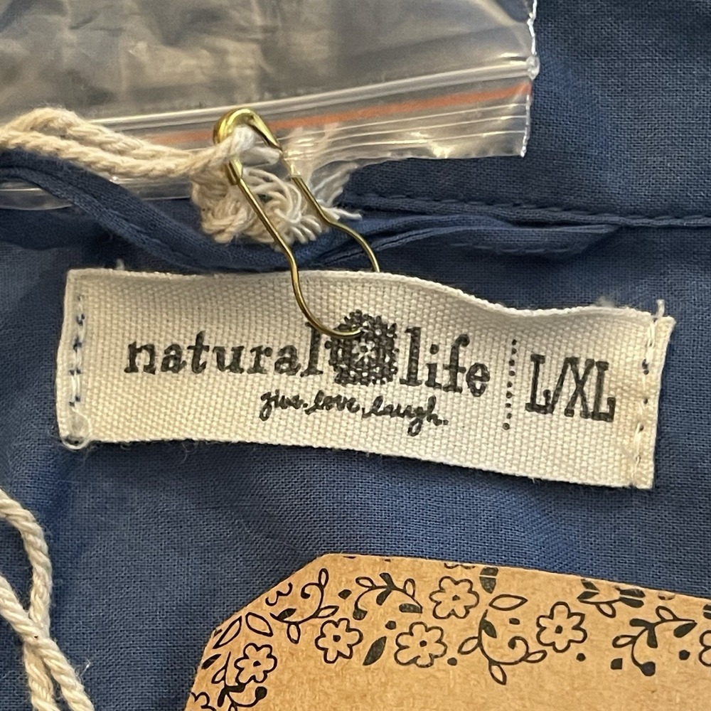 Natural Life Blue Button Front Shirt Dress Womens LXL Star Elbow Patches Cotton - Picture 11 of 12